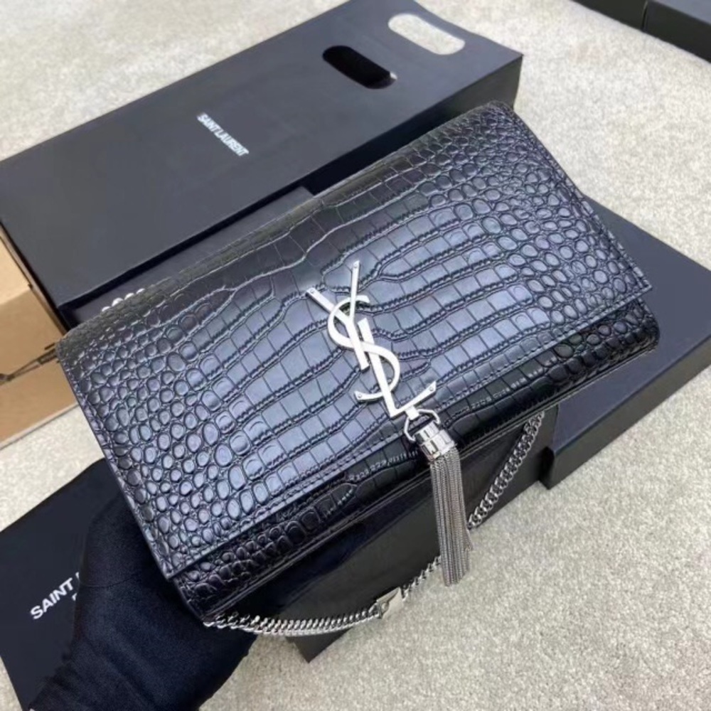 ✨💎Saint Laurent Black Croc-Embossed Clutch